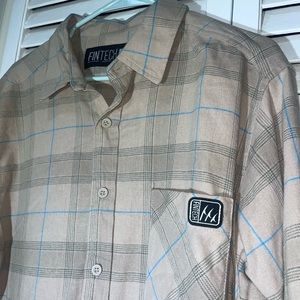 Mens Large FINTECH light flannel. Khaki with blue and grey striping. New w/o tag